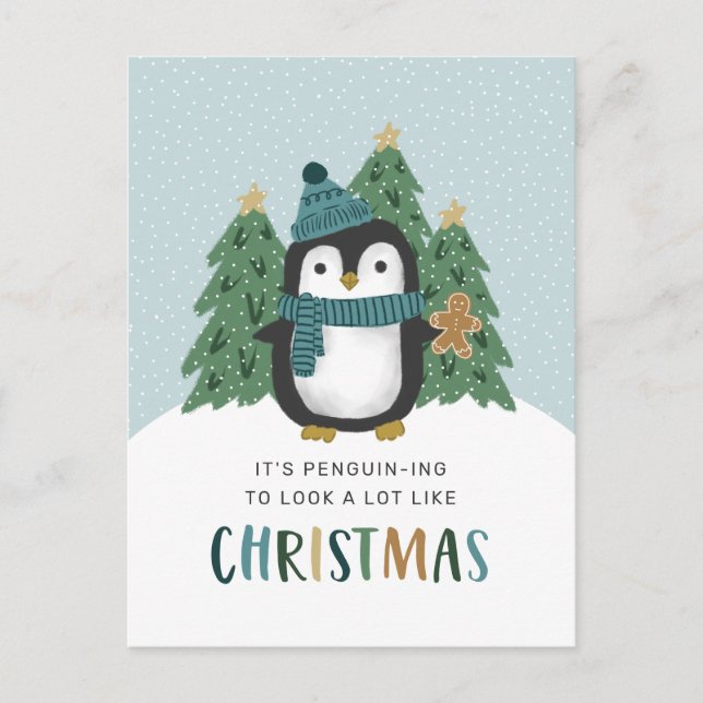 Cute Penguin Funny Penguin-ing Christmas   Holiday Postcard (Front)
