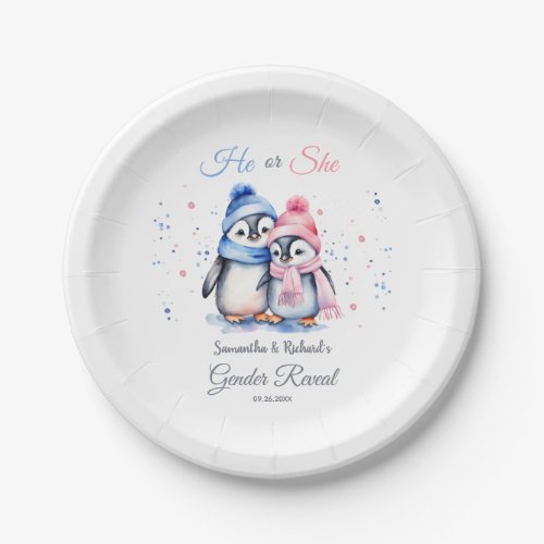 Cute Penguin Gender Reveal He or She Winter Fall Paper Plates