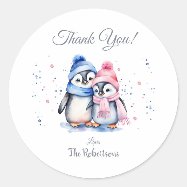 Cute Penguin Gender Reveal Thank You Favor Sticker (Front)