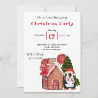 Cute Penguin Gingerbread Candy Christmas Party Inv Invitation