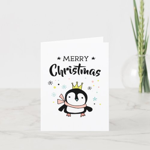 Cute penguin gold crown merry christmas holiday card