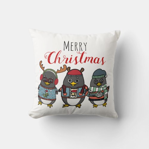 Cute Penguin Graphic l Red  White Christmas Decor Throw Pillow