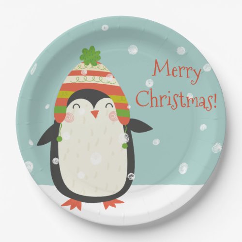 Cute Penguin _  Green Christmas Paper Plates