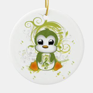 Cute penguin green fluffy effect music note swirls ceramic ornament