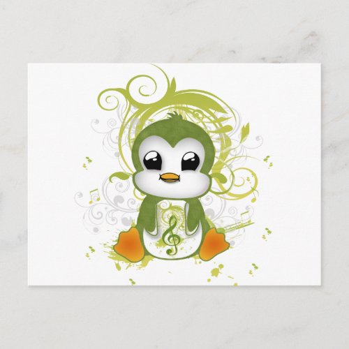 Cute penguin green fluffy effect music note swirls postcard