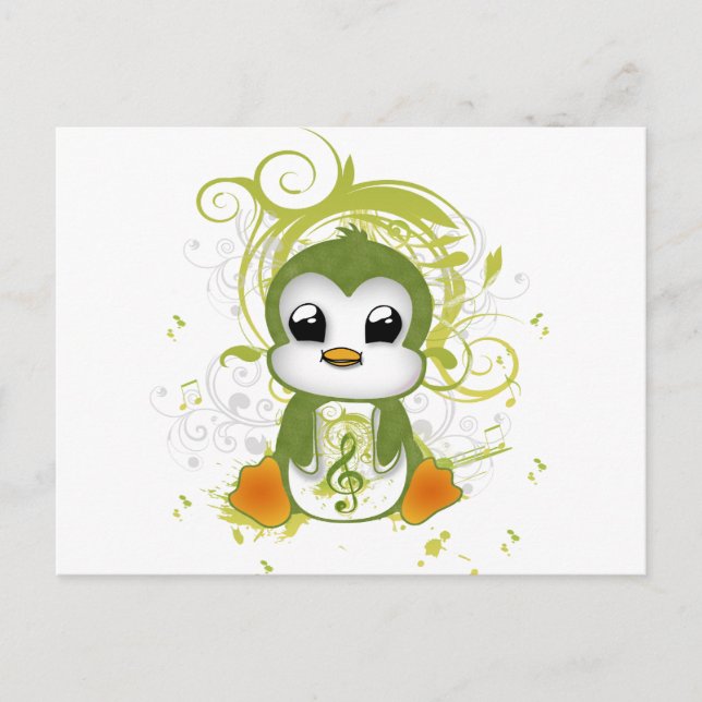 Cute penguin green fluffy effect music note swirls postcard (Front)