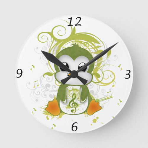 Cute penguin green fluffy effect music note swirls round clock