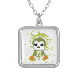 Cute penguin green fluffy effect music note swirls silver plated necklace