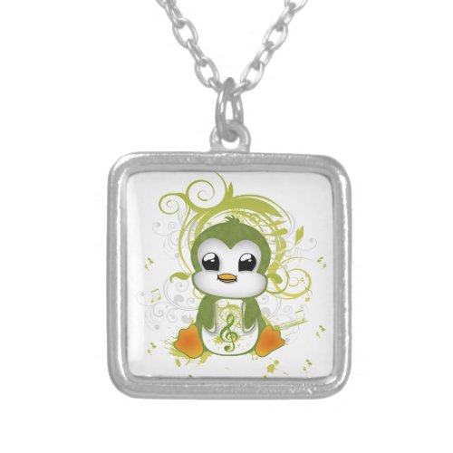 Cute penguin green fluffy effect music note swirls silver plated necklace