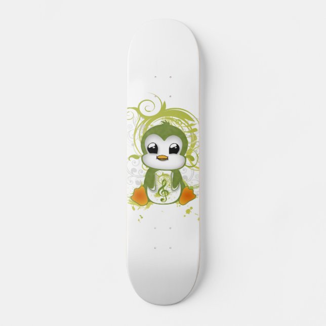 Cute penguin green fluffy effect music note swirls skateboard deck (Front)