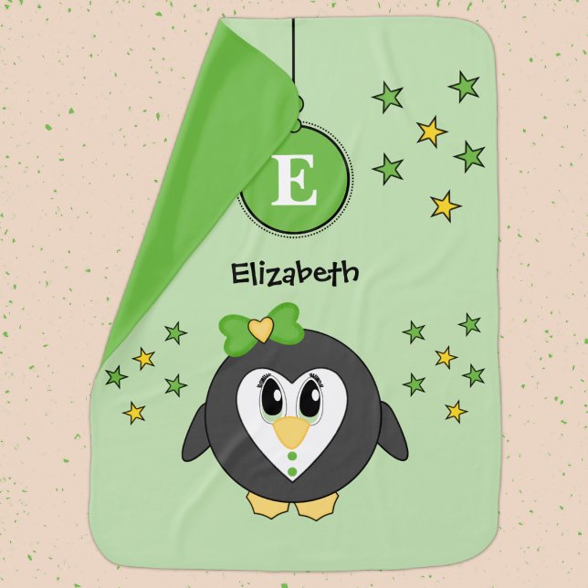 Cute penguin green yellow stars name baby blanket (Creator Uploaded)