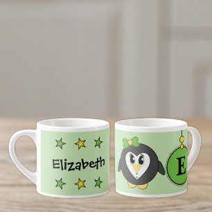 Cute penguin green yellow with stars kid's espresso cup
