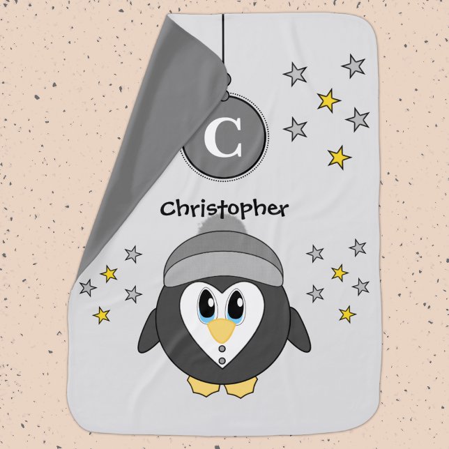 Cute penguin grey yellow stars name baby blanket (Creator Uploaded)