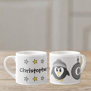 Cute penguin grey yellow with stars kid's espresso cup