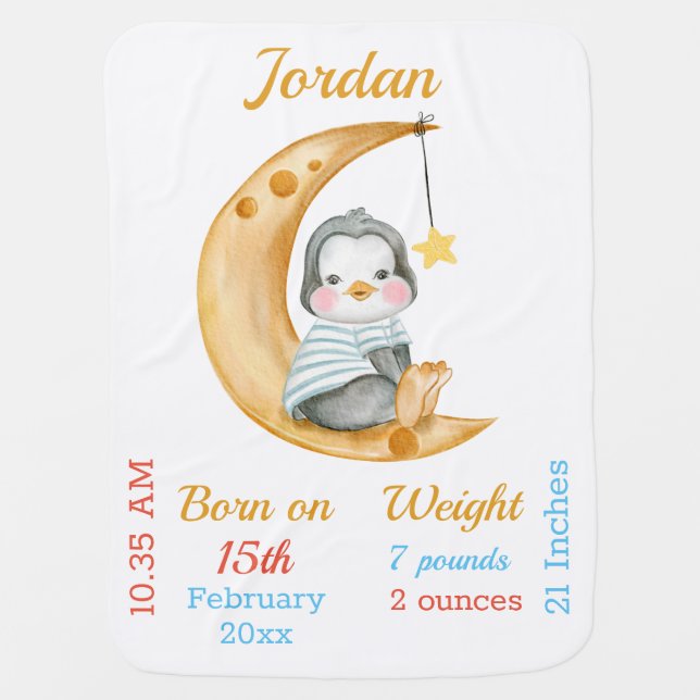 Cute Penguin Half Moon Baby Stats Baby Blanket (Front)