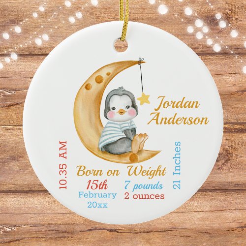 Cute Penguin Half Moon Baby Stats Ceramic Ornament