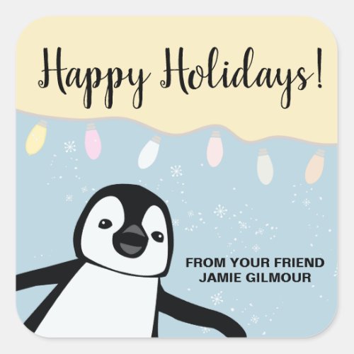 Cute Penguin Happy Holidays Christmas Name Square Sticker