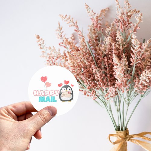Cute Penguin Happy Mail Round Sticker with Heart