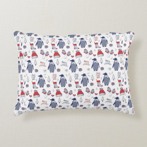 Cute Penguin Hat Gloves Pattern Christmas Accent Pillow