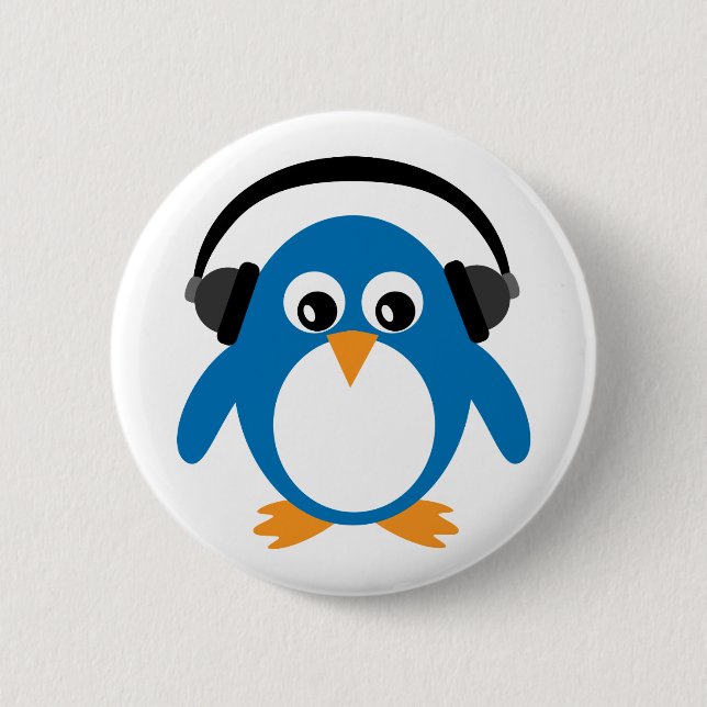 Cute Penguin & Headphones Customizable White Pinback Button (Front)