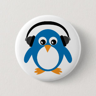 Cute Penguin & Headphones Customizable White Pinback Button