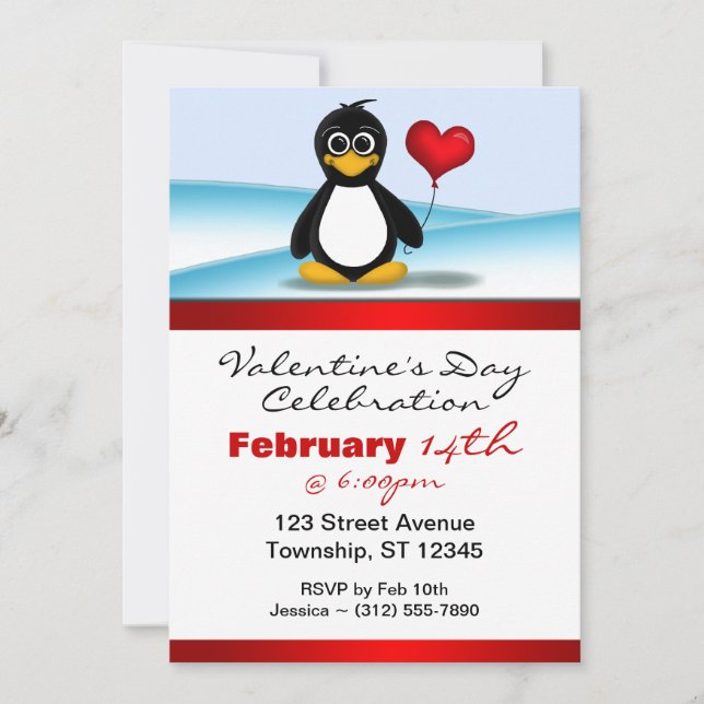 Cute Penguin Heart Valentine's Day Invitations (Front)