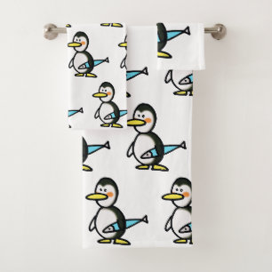 Cute Penguin Holding a Blue Fish Bath Towel Set