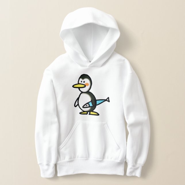 Cute Penguin Holding a Blue Fish Hoodie (Laydown)