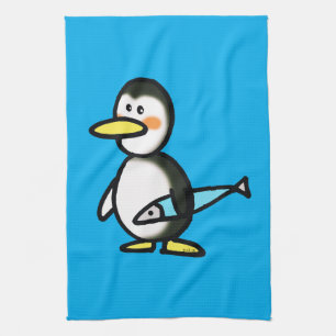 Cute Penguin Holding a Blue Fish Kitchen Towel