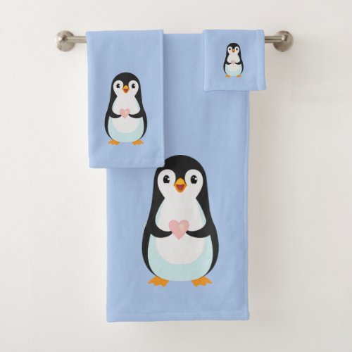 Cute Penguin Holding a Heart on Light Blue Bath Towel Set