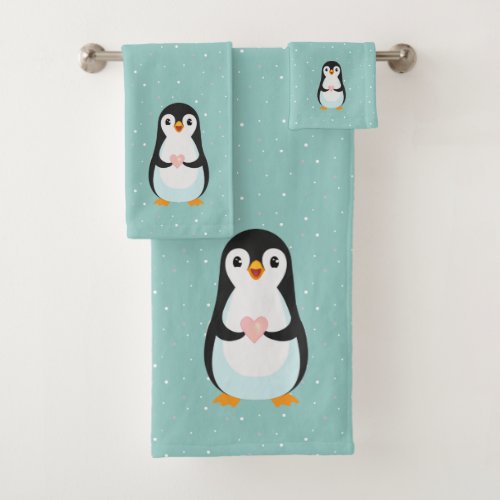 Cute Penguin Holding a Heart on Teal Bath Towel Set