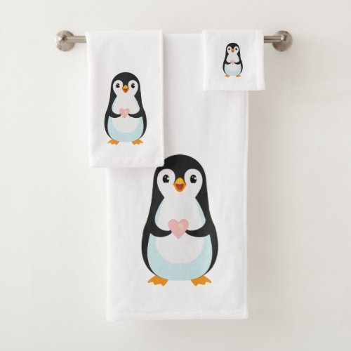 Cute Penguin Holding a Heart on White Bath Towel Set