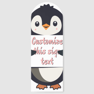Cute penguin holding a sign for personalized text bookmarks