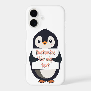Cute penguin holding a sign for personalized text iPhone 17 case
