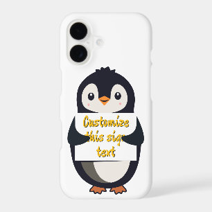 Cute penguin holding a sign for personalized text iPhone 17 case
