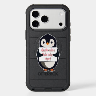 Cute penguin holding a sign for personalized text iPhone 17 pro max case