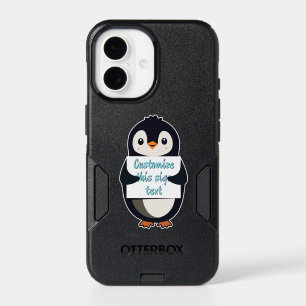 Cute penguin holding a sign for personalized text iPhone 17 case