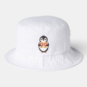 Cute penguin holding sign with the number 99 on it bucket hat