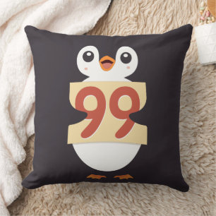 Cute penguin holding sign with the number 99 on it throw pillow