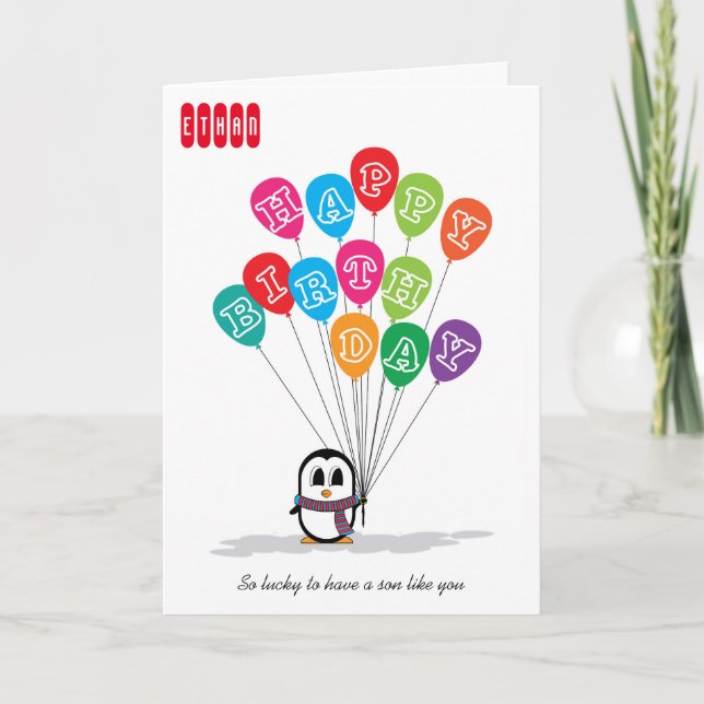 Cute Penguin Holds Colorful Balloons Birthday Card (Front)