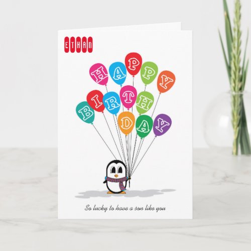 Cute Penguin Holds Colorful Balloons Birthday Card