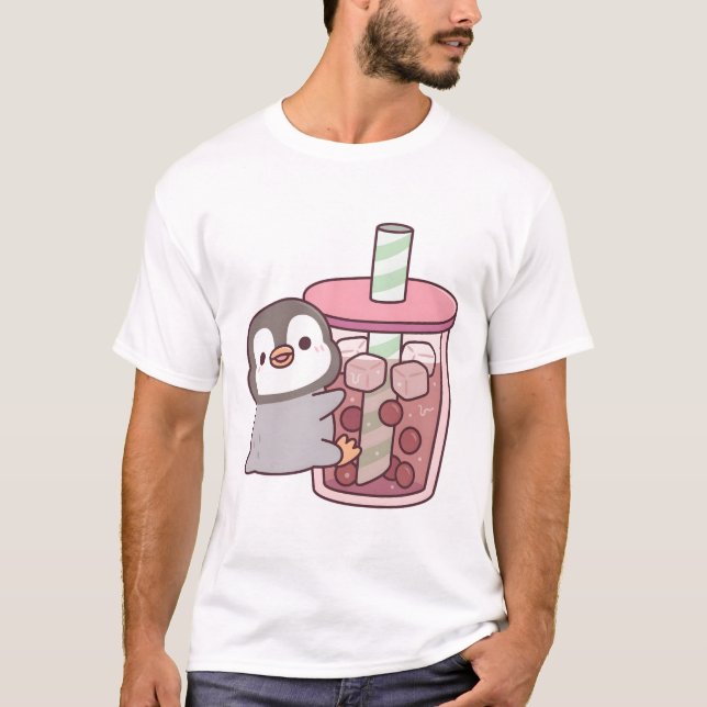 Cute Penguin Hugging Iced Bubble Tea T-Shirt (Front)