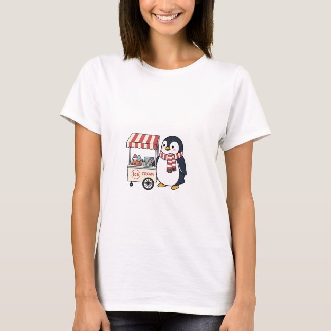 Cute Penguin Ice Cream Vendor Cartoon Character T-Shirt (Front)
