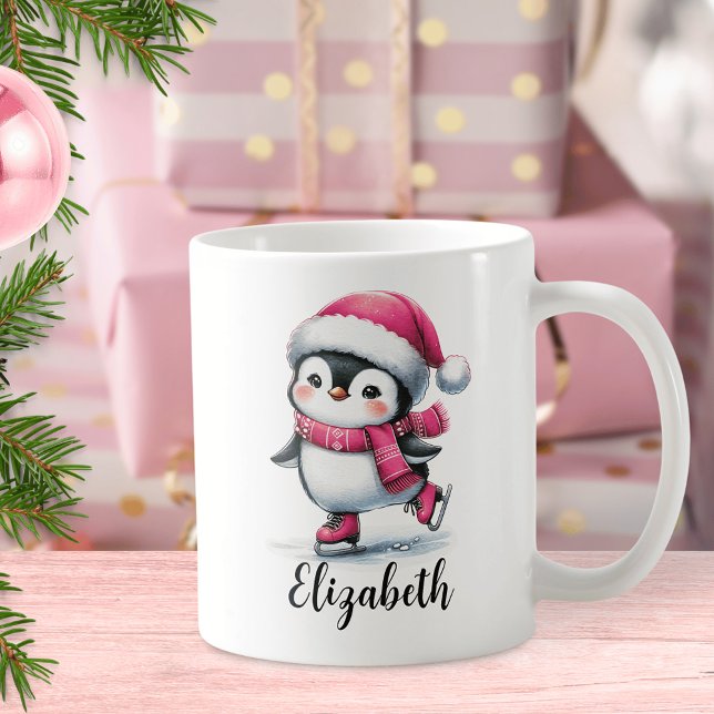 Cute Penguin Ice Skating Custom Pink Christmas Coffee Mug (Creator Uploaded)
