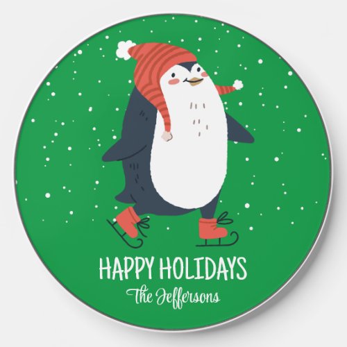 Cute Penguin Ice Skating Falling Snow Christmas Wireless Charger