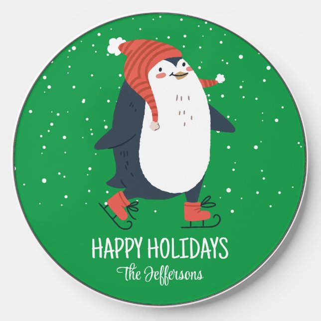 Cute Penguin Ice Skating Falling Snow Christmas Wireless Charger (Front)