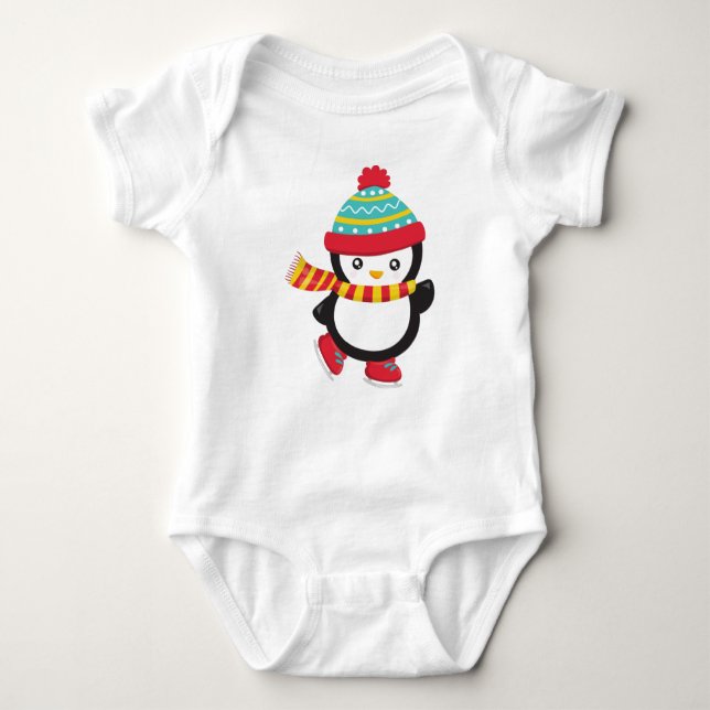 Cute Penguin, Ice Skating Penguin, Hat, Scarf Baby Bodysuit (Front)