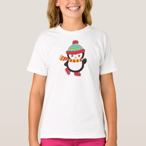 Cute Penguin Ice Skating Penguin Hat Scarf T_Shirt