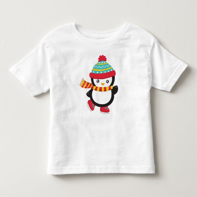 Cute Penguin, Ice Skating Penguin, Hat, Scarf Toddler T-shirt (Front)