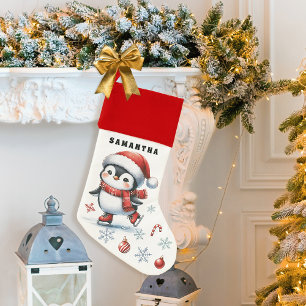 Cute Penguin Ice Skating Personalized Christmas Stocking